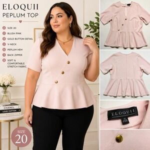 Eloquii Blush Pink Peplum Top Size 20 Gold Button V Neck Workwear Plus Chic